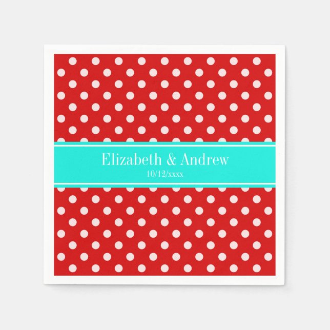 Serviette En Papier Red White Polka Dots Bright Aqua Nom Monogram (Devant)