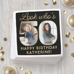 Serviette En Papier Regardez qui a 50 ans Noir et Or Joyeux Anniversai
