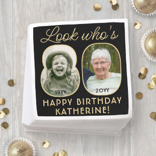 Serviette En Papier Regardez qui a 80 ans Photo noir et or Joyeux Anni