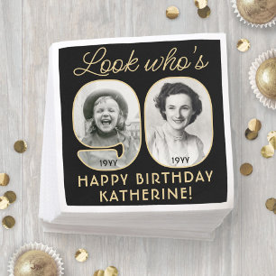 Serviette En Papier Regardez qui a 90 ans Photo Noir et Or Joyeux Anni
