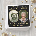 Serviette En Papier Regardez qui est 60 Black & Gold Joyeux Anniversai<br><div class="desc">Regarde qui a 60 ans ! Ajoutez une touche personnalisée élégante aux décorations de fête du 60e anniversaire avec des serviettes de papier photo sur mesure. Les images et le libellé de ce modèle sont simples à customiser (CONSEIL EN MATIÈRE DE PLACEMENT D'IMAGE : Un moyen facile de positionner une...</div>