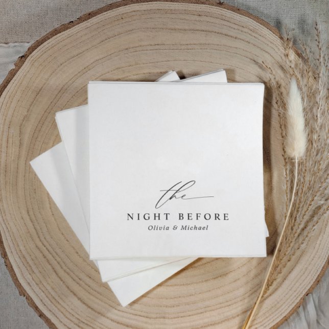 Serviette En Papier Rehearsal Dinner The Night Before Black & White (Black and white rehearsal dinner napkins with “the night before” in modern elegant minimalist style)