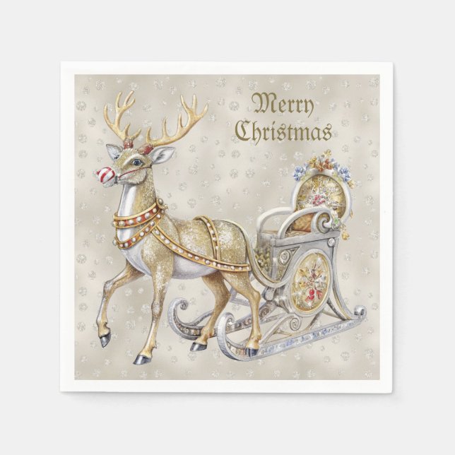 Serviette En Papier Reindeer Sleigh Holiday Napkin (Devant)