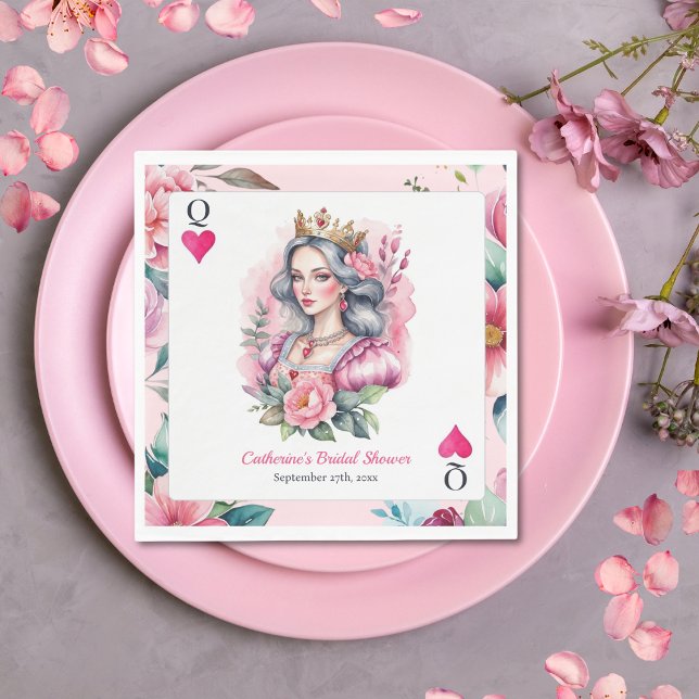 Serviette En Papier Reine de Cœur Carte à Jouer Rose Baby Shower Maria (Flat lay whimsical tea party bridal shower queen of hearts blush pink feminine Napkin)