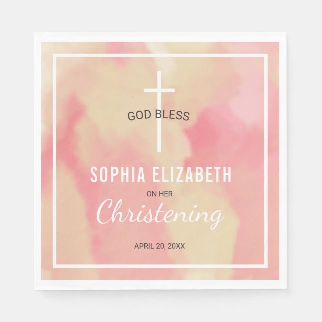 Serviette En Papier Religieux Rose Aquarelle Fille Christening (Devant)