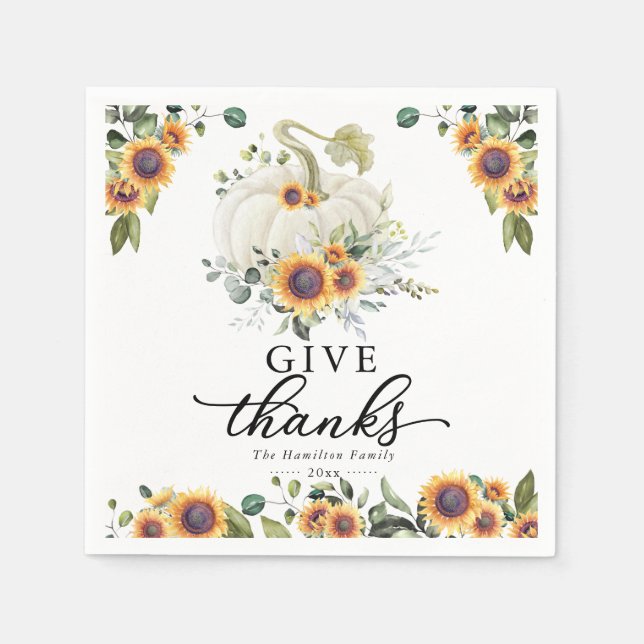 Serviette En Papier Remercier Sunflowers White Citrouille Thanksgiving (Devant)