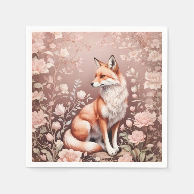 Serviette En Papier Renard Avec Flore Rose Rêvé (Devant)