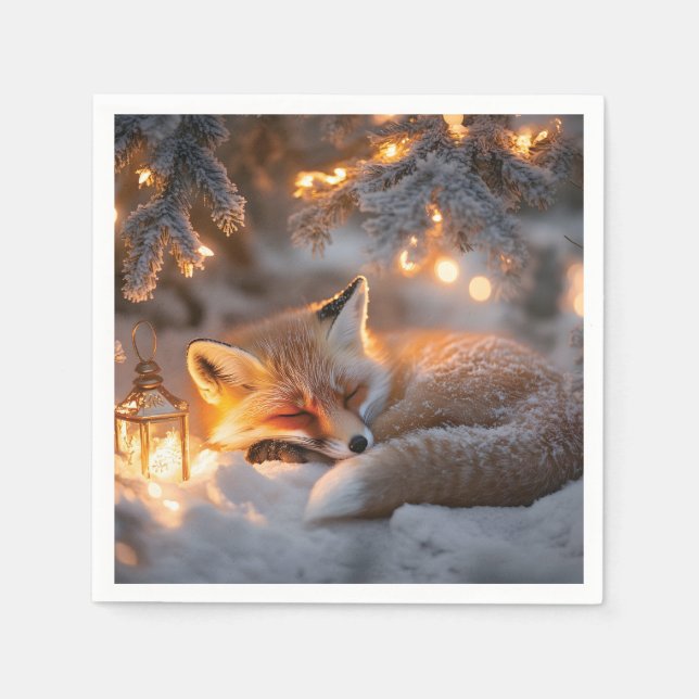 Serviette En Papier Renard couché sous Branches neigeuses (Devant)