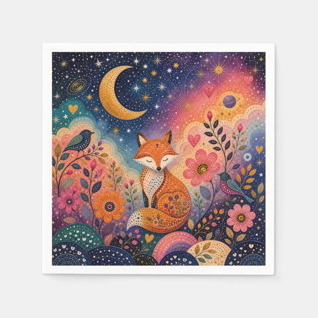 Serviette En Papier Renard dans le jardin étoilé (Devant)