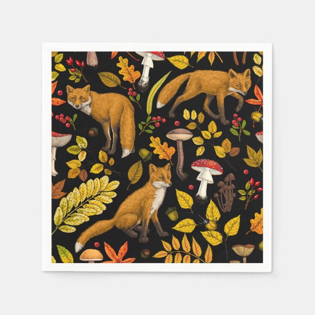Serviette En Papier Renard d'automne sur noir (Devant)