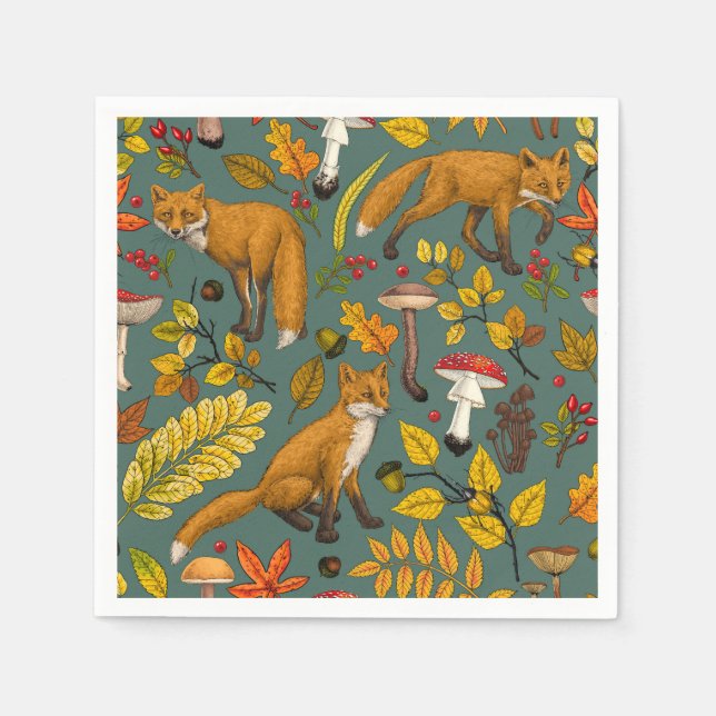 Serviette En Papier Renard d'automne sur pin vert (Devant)