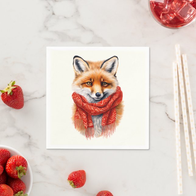 Serviette En Papier Renard mignon avec une écharpe rouge Image d'autom (En situation)