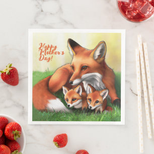 Serviette En Papier Renard rouge Mère et Kits dans l'herbe
