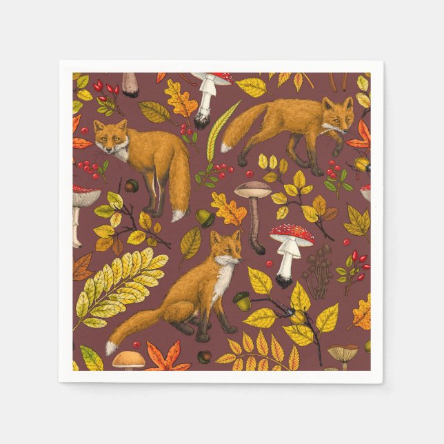 Serviette En Papier Renards d'automne sur chocolat brun (Devant)