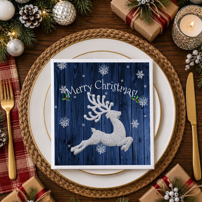 Serviette en papier Renne de Noël Rustique Bleu (Blue Rustic Christmas Reindeer Paper Napkins)