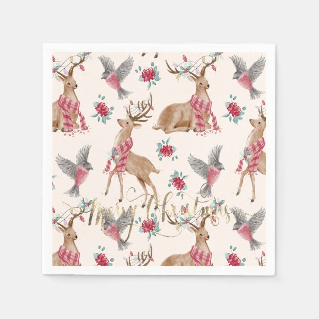 Serviette En Papier Rennes, oiseaux et fleurs adorables (Devant)