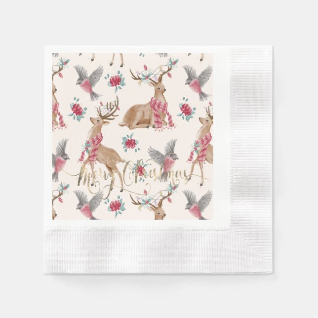 Serviette En Papier Rennes, oiseaux, fleurs adorables   (Devant)