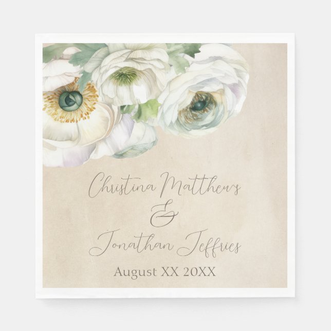 Serviette En Papier Renoncule aquarelle rustique blanche (Devant)