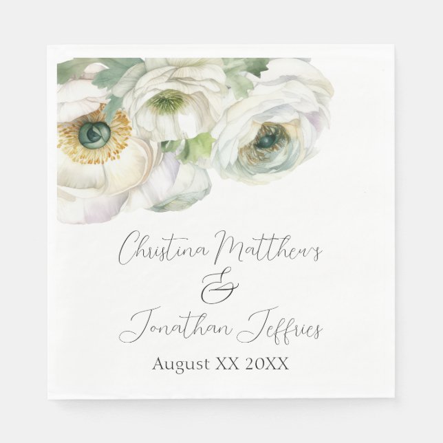 Serviette En Papier Renoncule blanche aquarelle romantique (Devant)