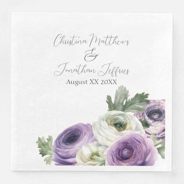 Serviette En Papier Renoncule violette et blanche aquarelle romantique (Devant)