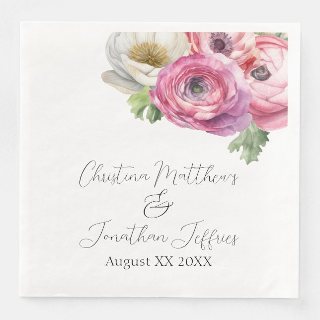 Serviette En Papier Renoncules rose et blanc aquarelle romantique (Devant)