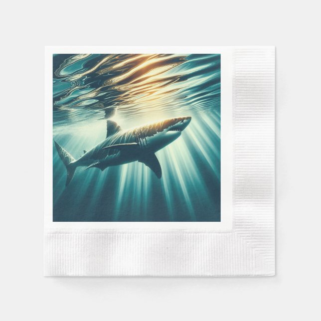 Serviette En Papier Requin dans la mer bleue profonde & soleil (Devant)