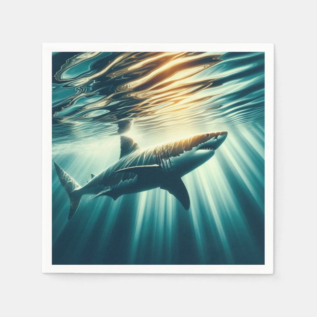 Serviette En Papier Requin dans la mer bleue profonde & soleil (Devant)