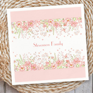 Serviette En Papier Ressort Floral Bordure Pink Peach Nom de famille