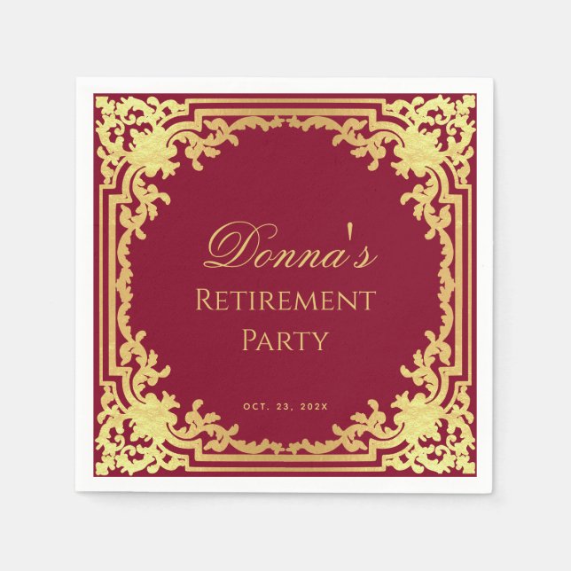 Serviette En Papier Retirement Party Burgundy Faux Gold Elegant Script (Devant)