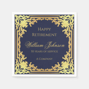 Serviette En Papier Retraite Marine Bleu Élégant Script Faux Gold Foil