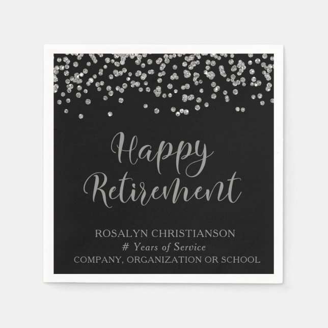 Serviette En Papier RETRAITE Script manuscrit Argent Nom Confetti (Devant)
