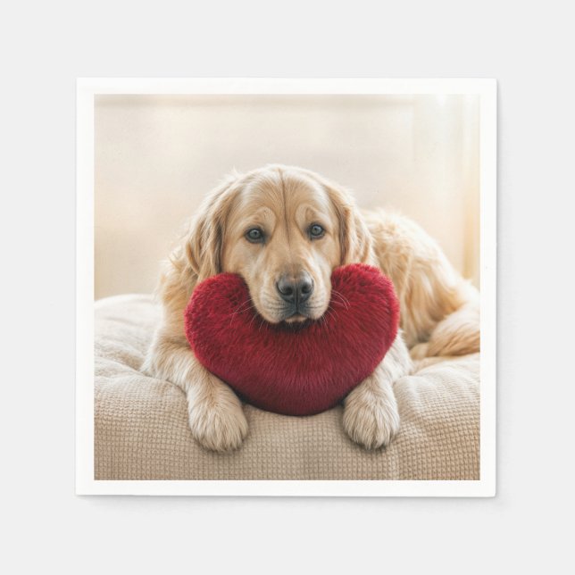 Serviette En Papier Retriever doré de la Saint-Valentin avec oreiller  (Devant)