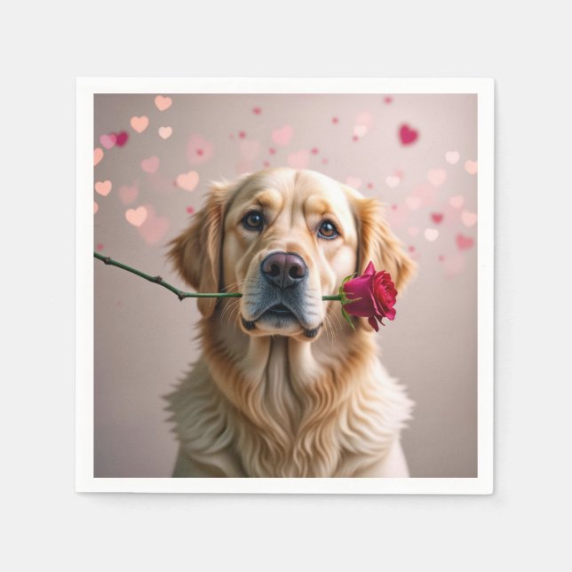 Serviette En Papier Retriever doré de la Saint-Valentin avec rose roug (Devant)