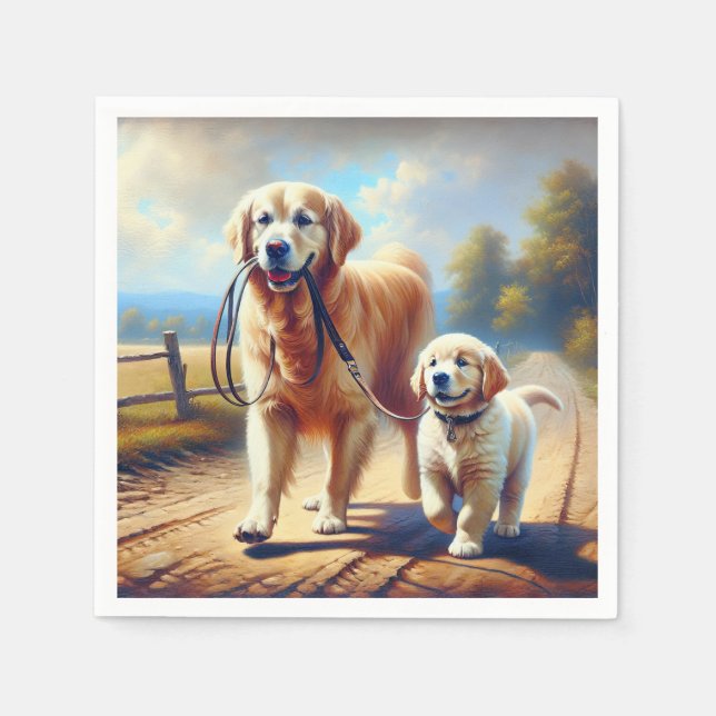 Serviette En Papier Retrievers dorés en promenade (Devant)