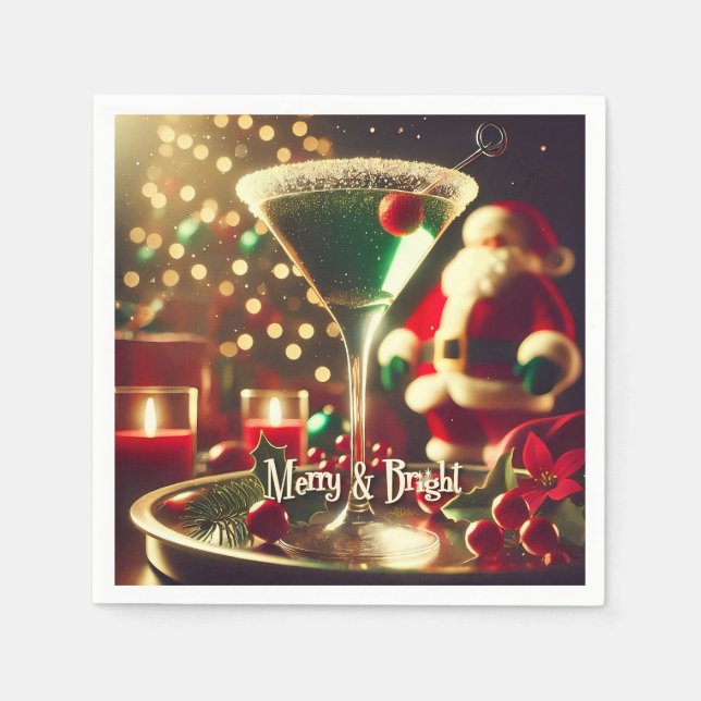 Serviette En Papier Retro 50s Santa Christmas Green Martini (Devant)