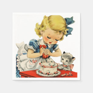 Serviette En Papier Rétro Anniversaire Fille Cake Cat Enfants Artwork