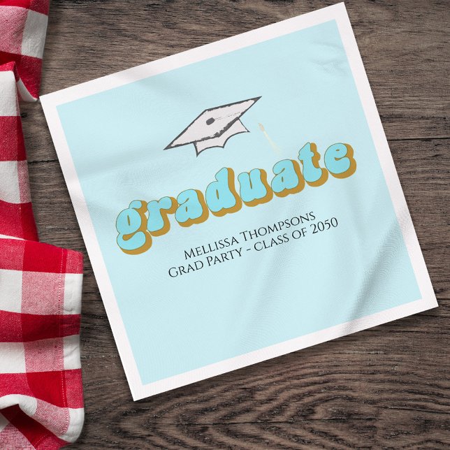 Serviette En Papier Retro Blue Graduation Party Déjeuner personnalisé (Graduation blue retro style lettering lunchoen napkin,)