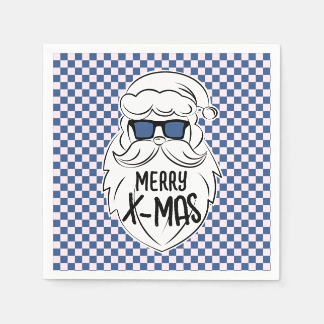 Serviette En Papier Retro Blue Pink Checkered Santa Claus Christmas  (Devant)