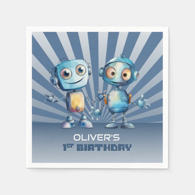 Serviette En Papier Retro Blue Robot Thème 1er anniversaire (Devant)