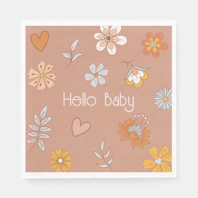 Serviette En Papier Retro Boho Floral Baby shower Hello Baby Tableware (Devant)