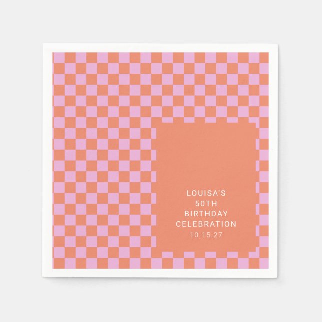 Serviette En Papier Retro Checkerboard rose Orange Personnalisé Annive (Devant)