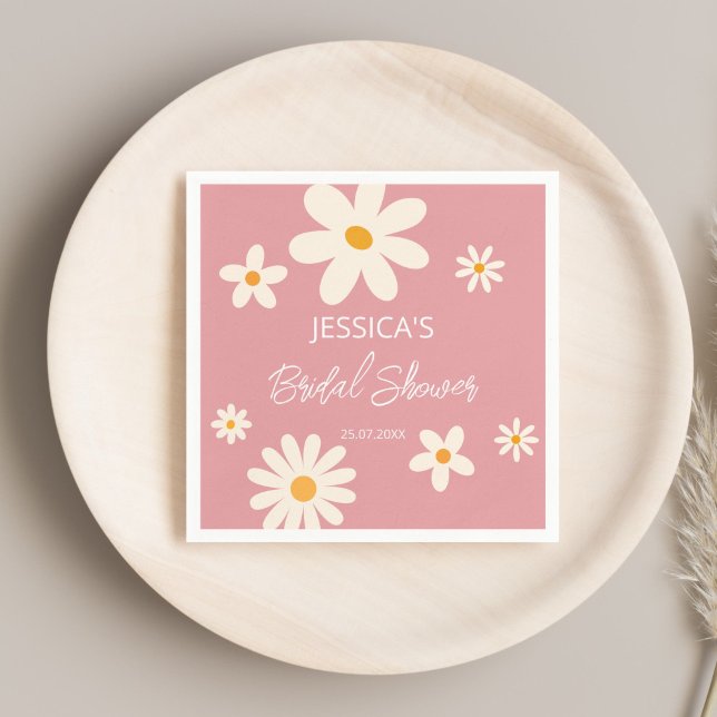 Serviette En Papier Retro daisy rose boho désert rose douche de mariag (Retro daisy pink boho desert pink bridal shower monogrammed personalized printed napkins table decor)