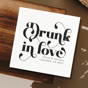 Serviette En Papier Retro Drunk in Love Mariage noir et blanc