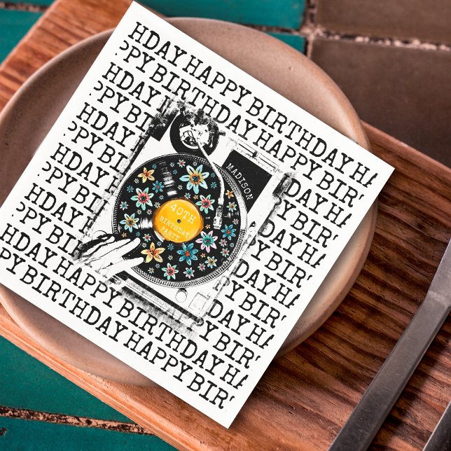 Serviette En Papier Retro Floral Vinyl Joyeux Anniversaire Personnalis (Créateur téléchargé)
