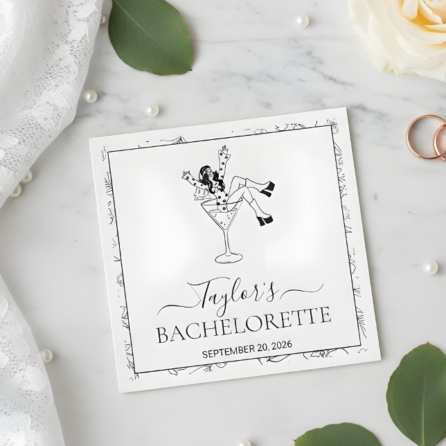 Serviette En Papier Retro Martini Girl Bachelorette Party Custom  (Créateur téléchargé)