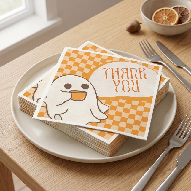 Serviette En Papier Rétro Mignon Fantôme Halloween Merci (Retro Cute Ghost Halloween Thank You Napkins)