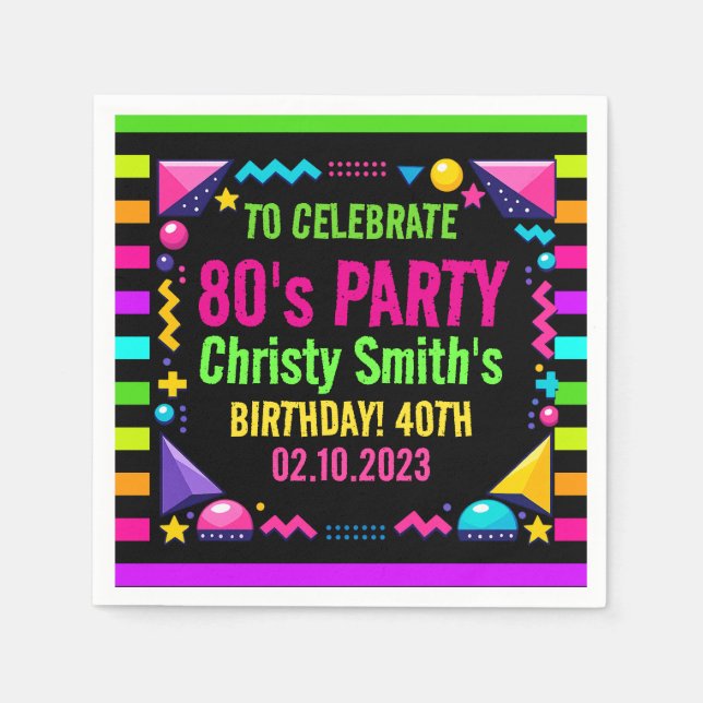 Serviette En Papier Retro Neon 80s Birthday Party (Devant)