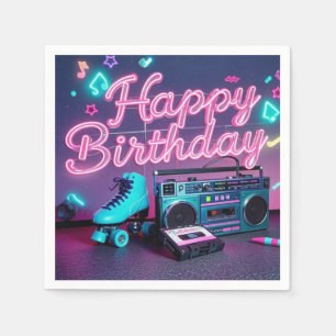 Serviette En Papier Retro neon Joyeux Anniversaire signe en rose et tu