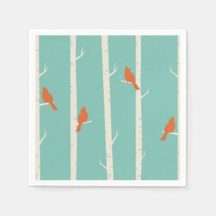 Serviette En Papier Rétro Orange Birds on Birch Trees
