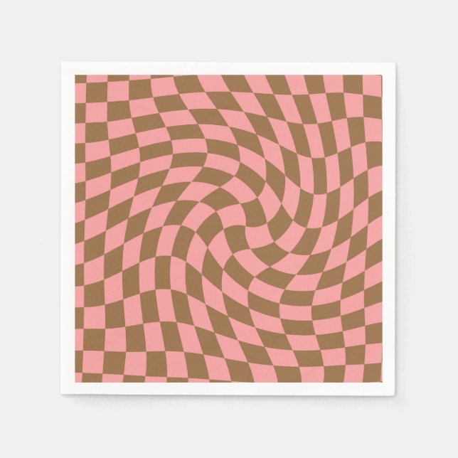 Serviette En Papier Retro Pastel Pink Chèques Brown Warped Checkerboar (Devant)